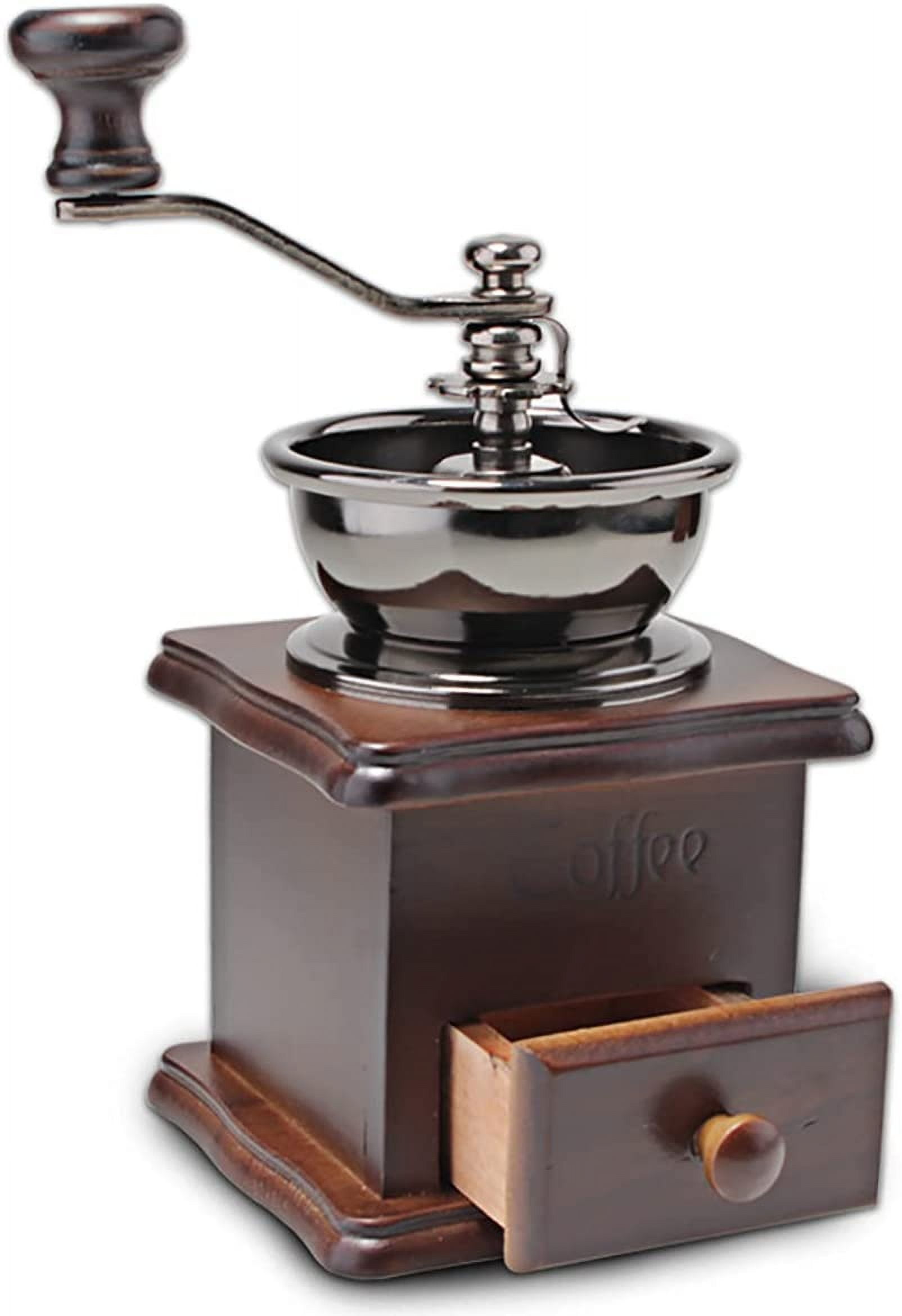 Wooden Manual Coffee Grinder Vintage Style Hand Coffee Mill Burr Coffee Grinder with Ceramic Hand Crank,Wooden Manual Coffee Grinder Cleaning Brush, Brown, 19 x 8.5 x 16 cm