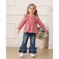 thumbnail image 2 of Kucnuzki 3T Toddler Girl Outfit Set 4T Kid Child Clothes Ruffle Long Sleeves Plaid Print Top Strawberry Pullover Tops Flared Denim Pants Sets 2pcs Clothing Red, 2 of 10