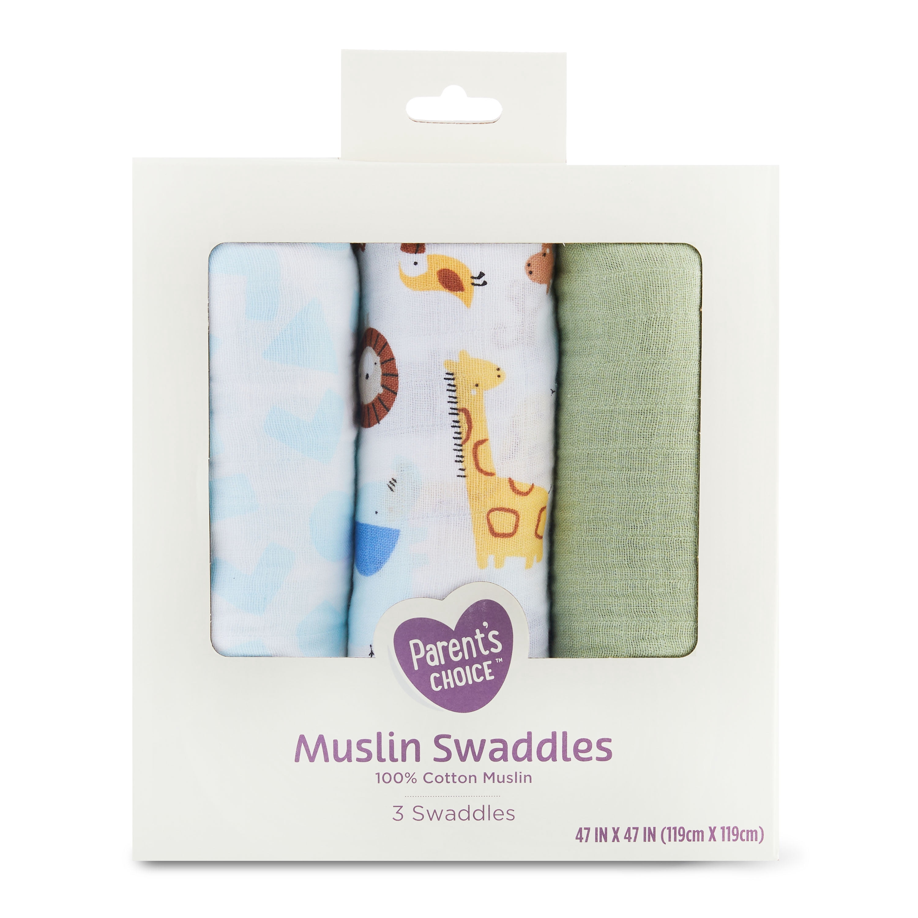 Parent's Choice Muslin Extra Large Swaddle, Jungle, Green, Yellow, & Blue, Infant Boy, 3 Pack