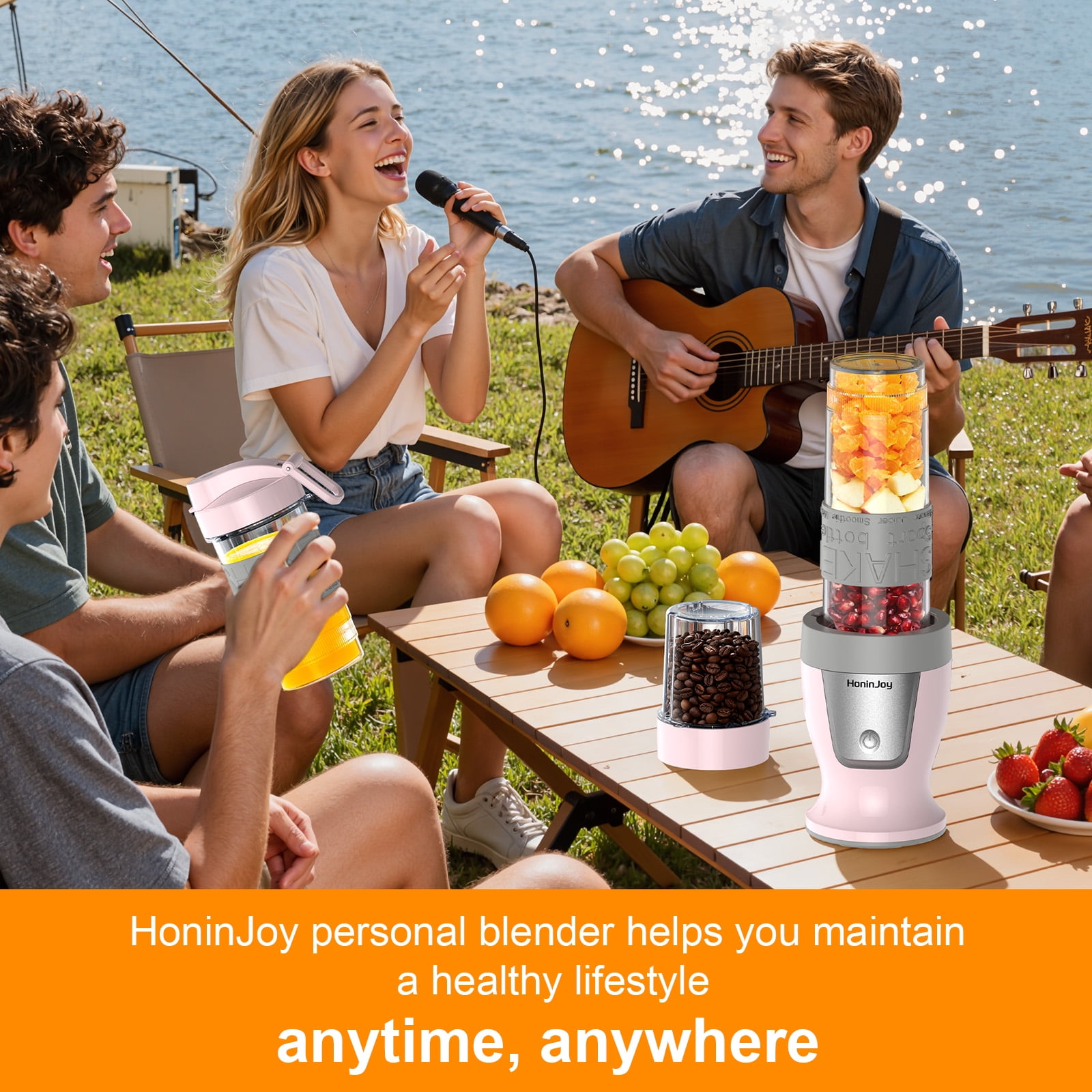 HoninJoy Portable Blender, Compact Personal Blender for-Smoothies, Shakes, Food Prep, and Frozen Blending, 20-oz. Cups and Spout Lids, Grinding Cup