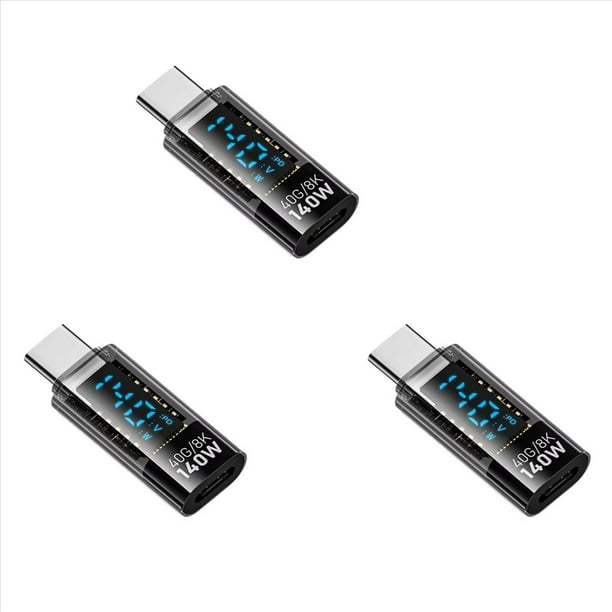 3X Adaptador USB C, Pantalla LED de Potencia, 140 W, 40 Gbps, 8 K, Extensión USB C, Conector Tipo C PD3.1, Medidor de Potencia Tipo C, Color Negro