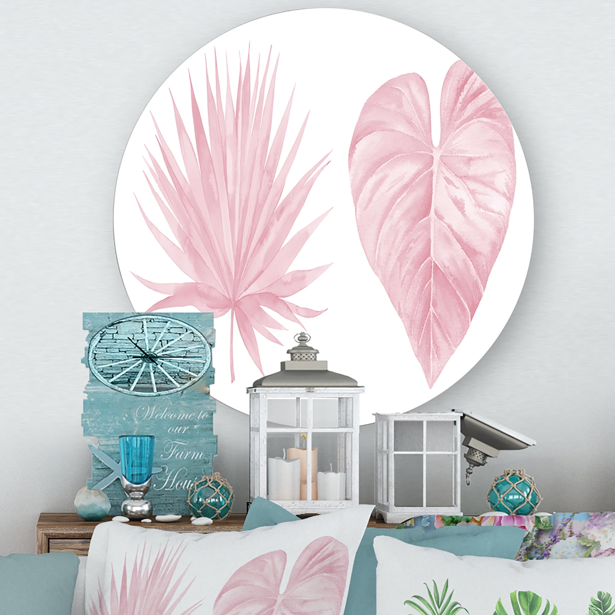 Designart 'Tropical Pink Watercolour Leaves On White II' Shabby Chic Circle Metal Wall Art 23x23 - Disc of 23