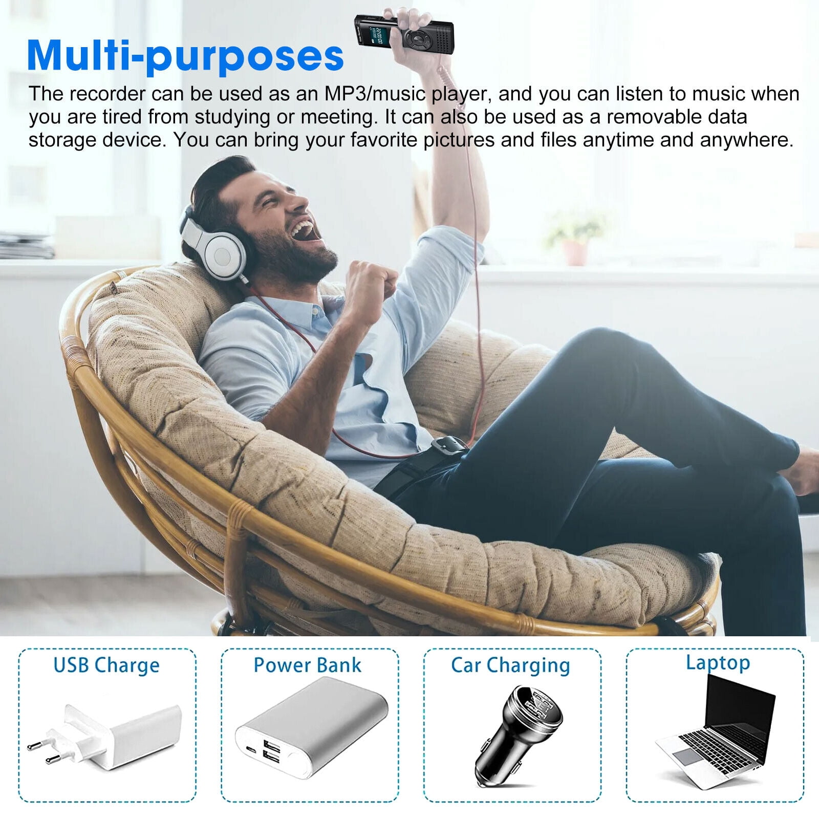 MP3 Player Voice Recorder with Playback, Portable Audio Recorder Dictaphone USB Charge