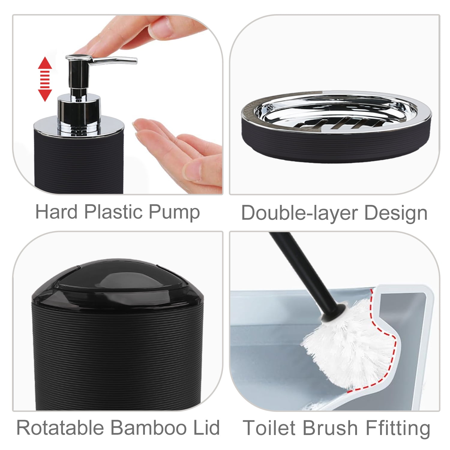 CERBIOR Bathroom Accessories Set 6 Pcs Bathroom Set Ensemble Complete Soap Dispenser Toothbrush Holder Tumbler Soap Dish Toilet Cleaning Brush Trash Can, Thread Black