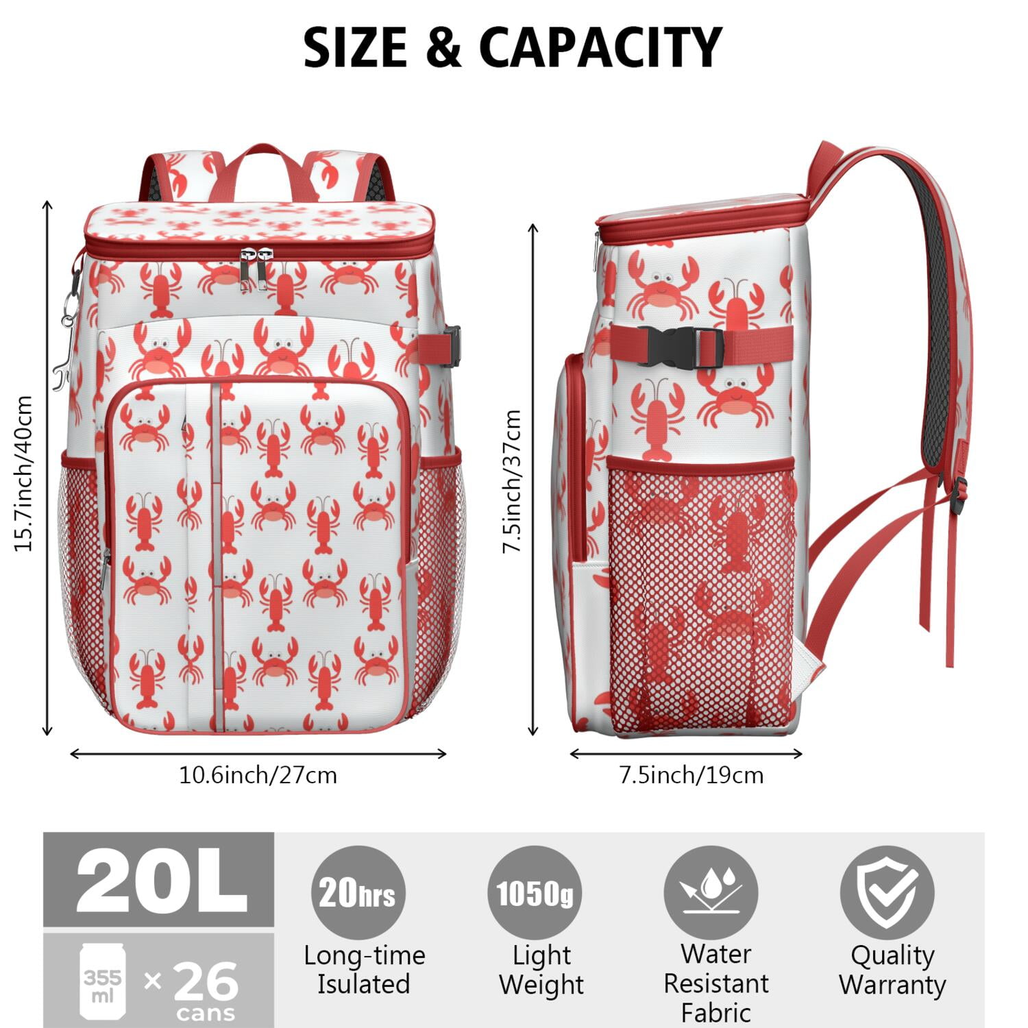 Insulated Cooler Backpack,Cooler Bag Insulated Leak Proof Travel Cooler Bag Waterproof Lunch Picnic Beach Work Trip Thermal Bag Drink Beverage Beer Bag Cooler Marine Adorable Crab