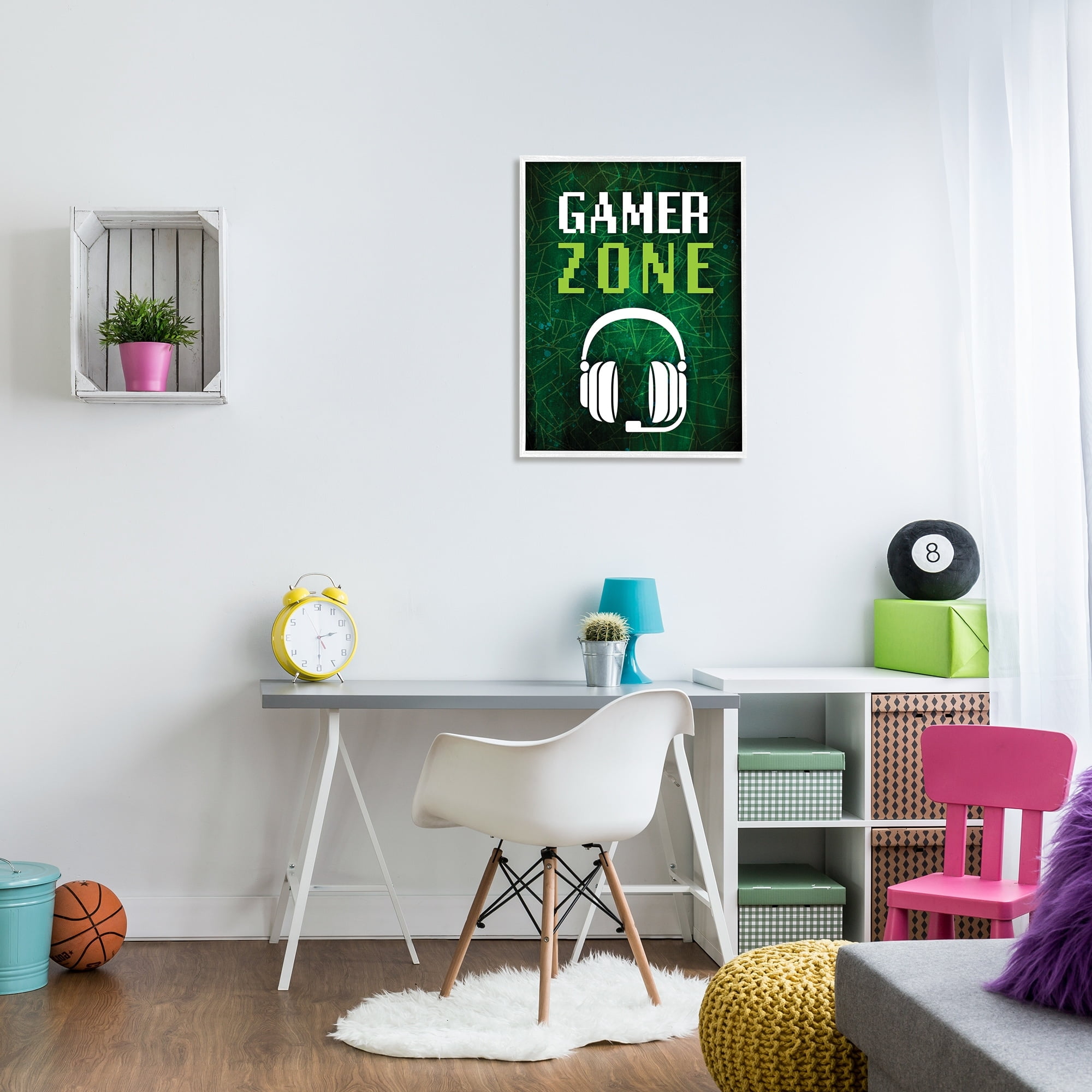 Stupell Industries Gamer Zone Headset Geometric Pattern Pixel Text Graphic Art White Framed Art Print Wall Art, Design by Victoria Barnes