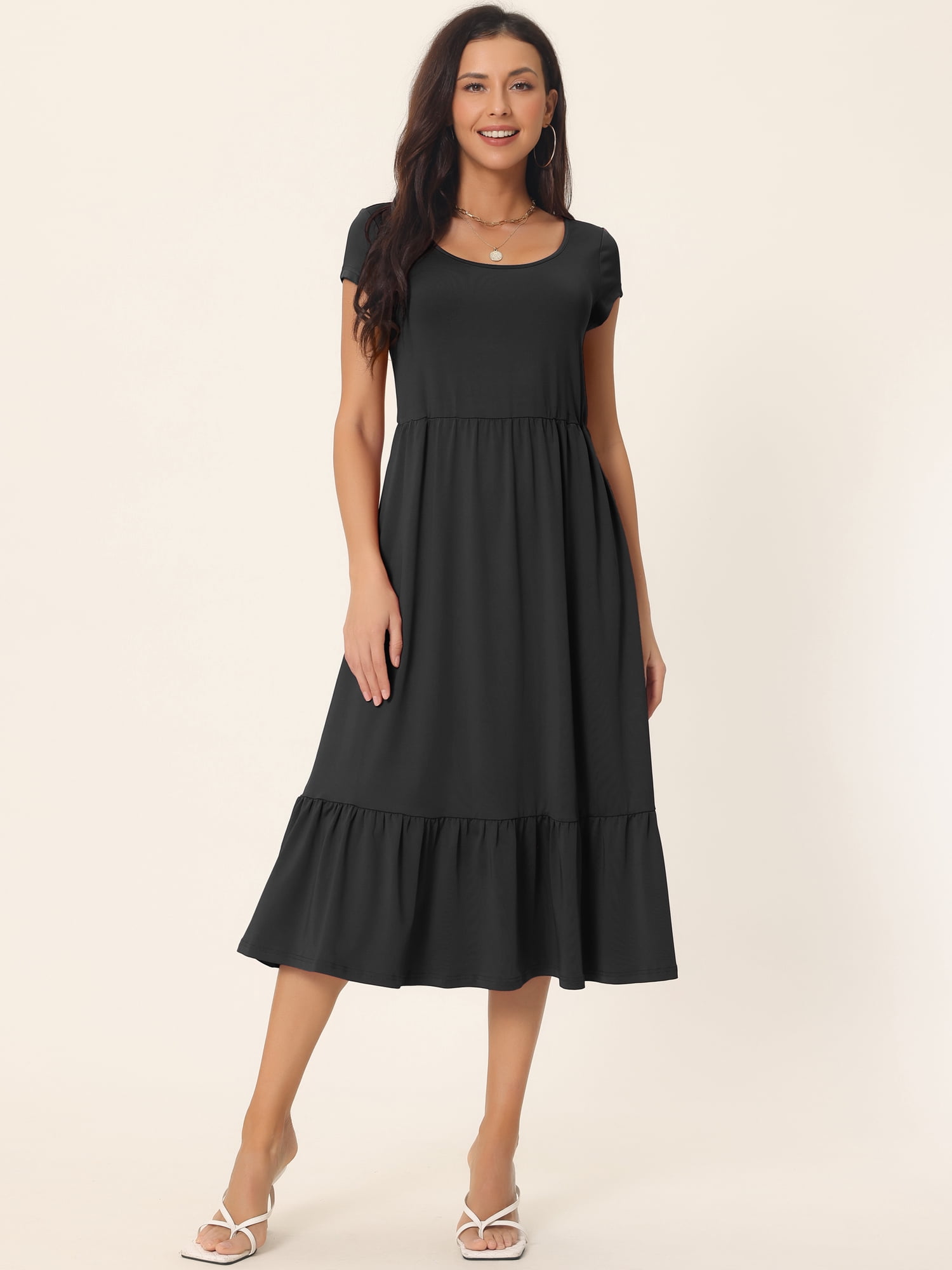 Unique Bargains Women's Tiered Round Neck Ruffle Hem Short Cap Sleeve Knit Midi Dress S Black