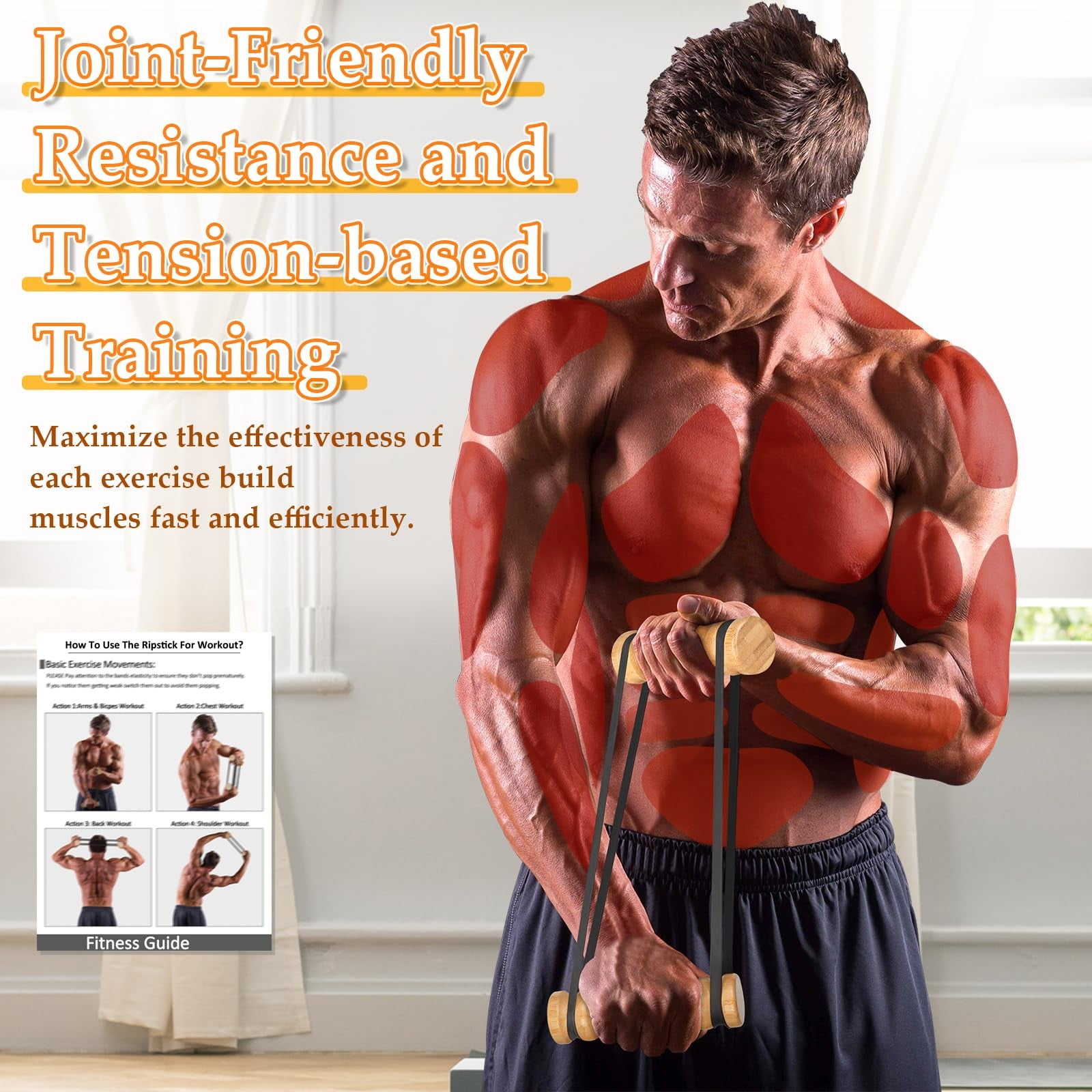 Fitness & Yoga Rip Stick Efficient Upper Body Workout Home Gym Adjustable Resistance Bands with Wooden Handles for Joint-Friendly Exercise 8 Bands Included