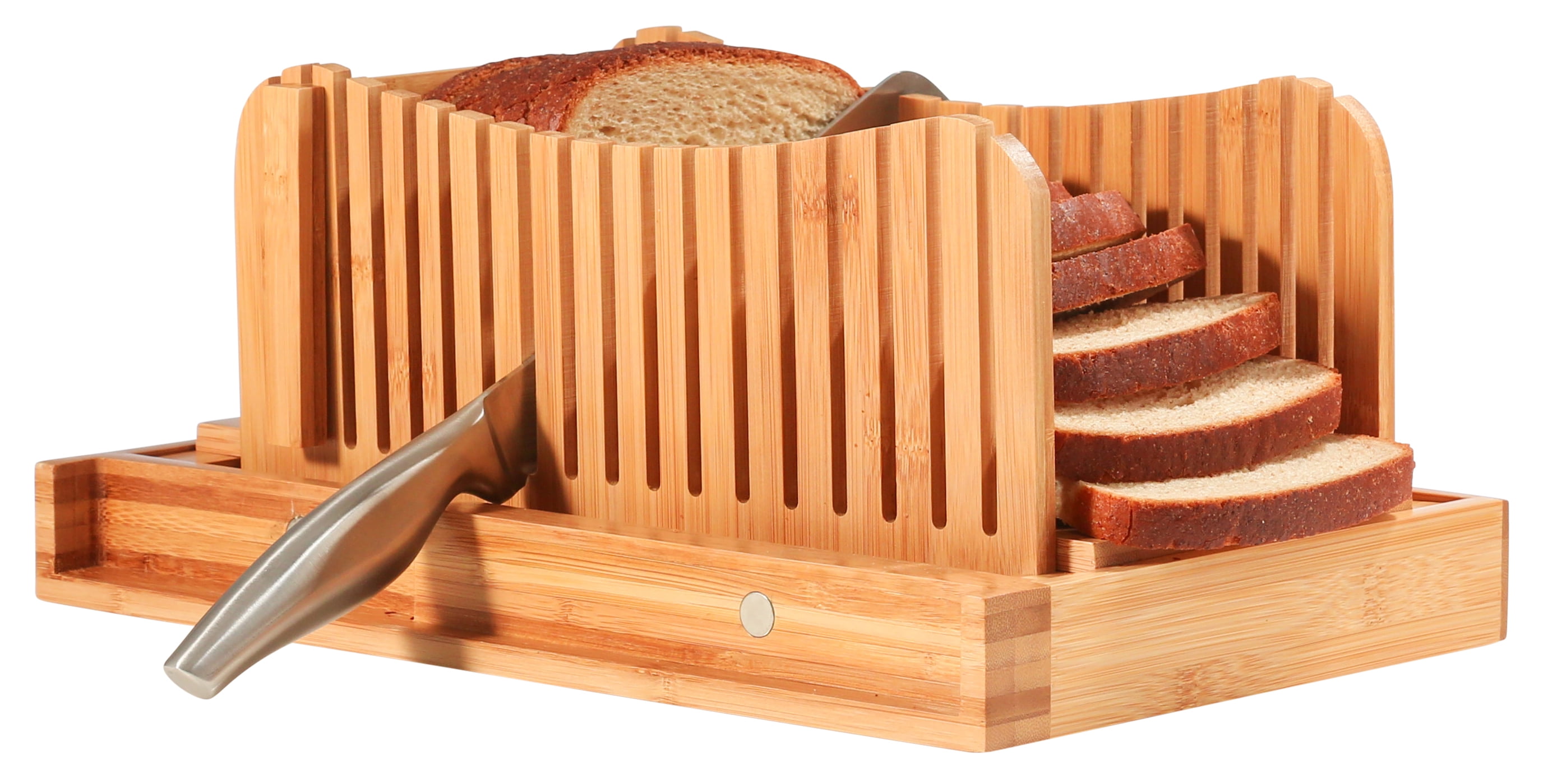 Premium Bamboo Foldable Bread Slicer – Built in Crumb Catcher and