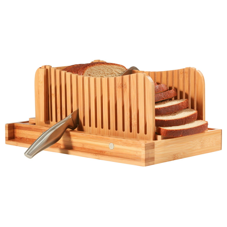 Premium Bamboo Foldable Bread Slicer – Built in Crumb Catcher and
