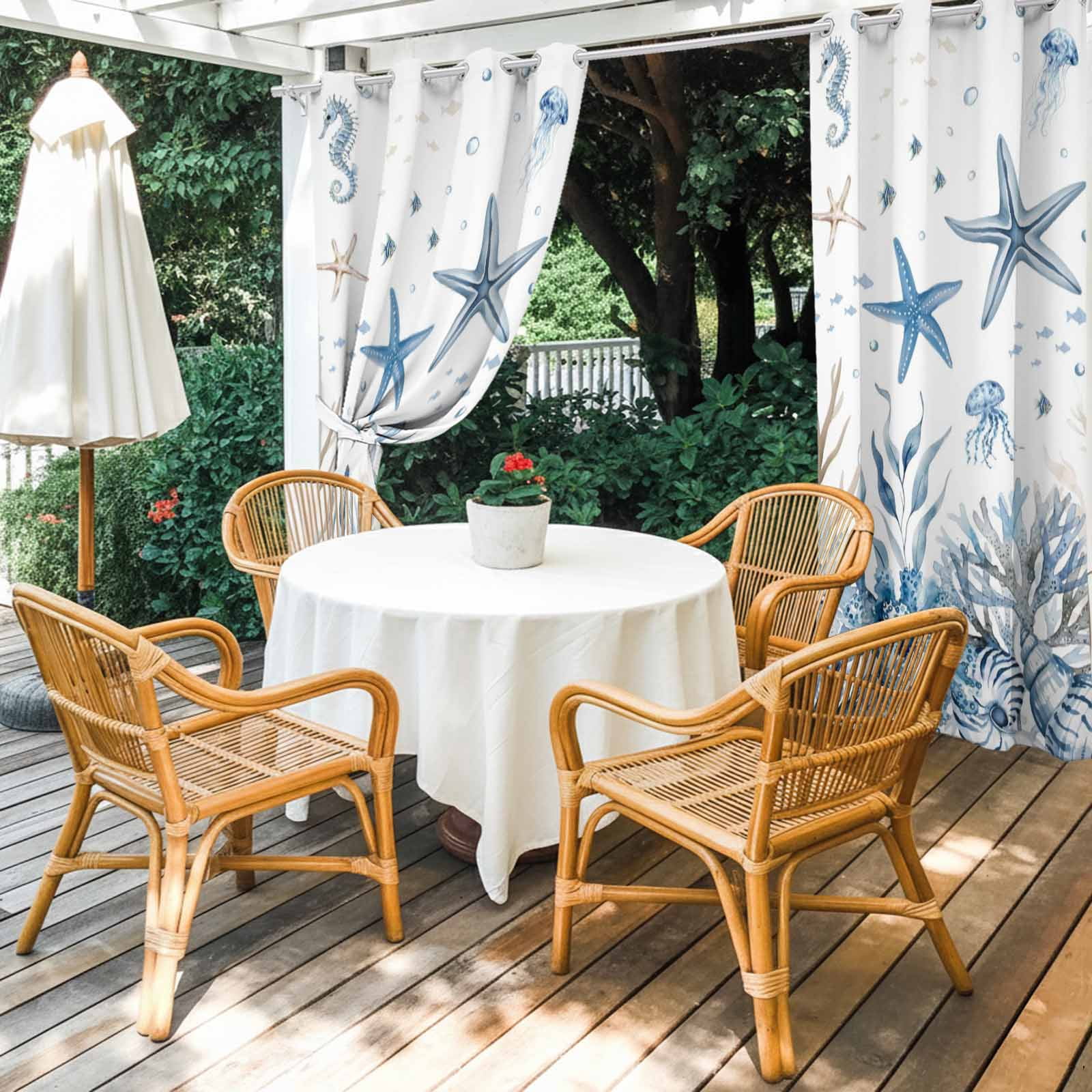 Ocean Starfish Outdoor Curtains for Patio, Nautical Coastal Jellyfish Seahorse Coral Seaweed Seashell Sunshade Privacy Drapes Grommet Waterproof Outside Curtains for Porch Balcony 54"x108", 1 Panel