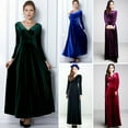thumbnail image 2 of Women Evening Dress Golden Velvet V Neck Pleated A-line Pure Color Long Sleeves Full Length Dress High Waist Prom Party Maxi Dress, 2 of 8