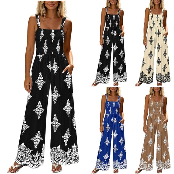 PBFRDSJ Boho Jumpsuit for Women Smocked Bodice Floral Cami Wide Leg Jumpsuit Summer Sleeveless Square Neck Loose Rompers with Pockets