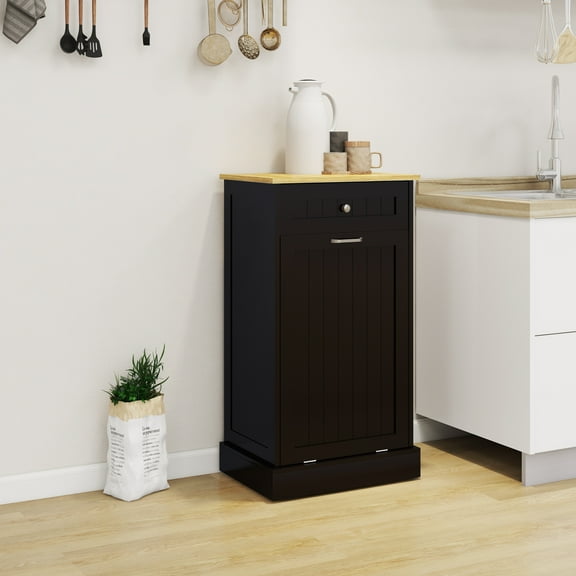 Black Single-Compartment Tilt-Out Trash Cabinet with 1 Drawer for Kitchen