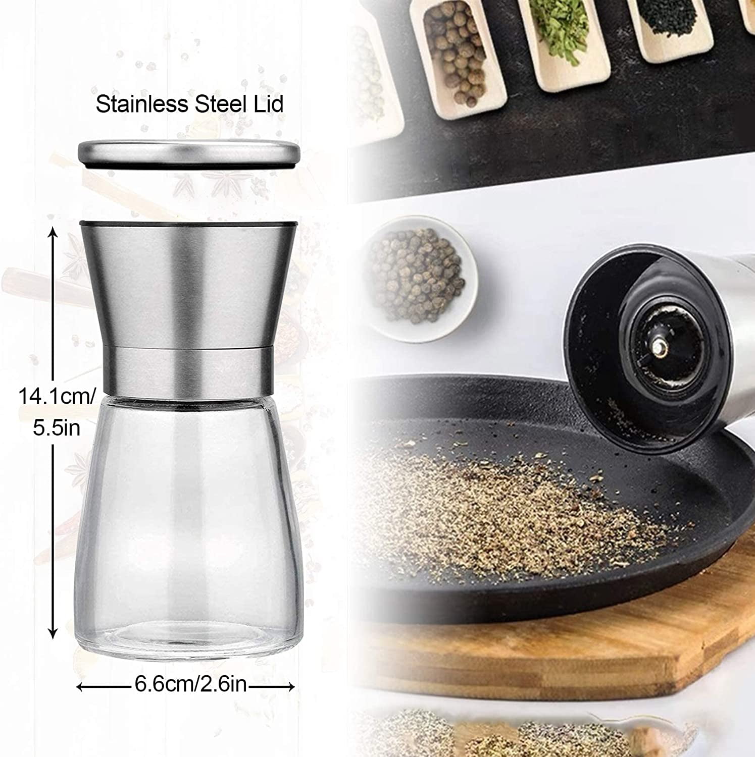 Salt and Pepper Grinder Set with Wooden Tray Refillable Stainless Steel Adjustable Coarseness Compact Glass Spice Mills