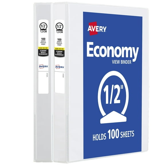 Avery 1/2" Economy View Binder, Round Rings, 2 White Binders (05706)