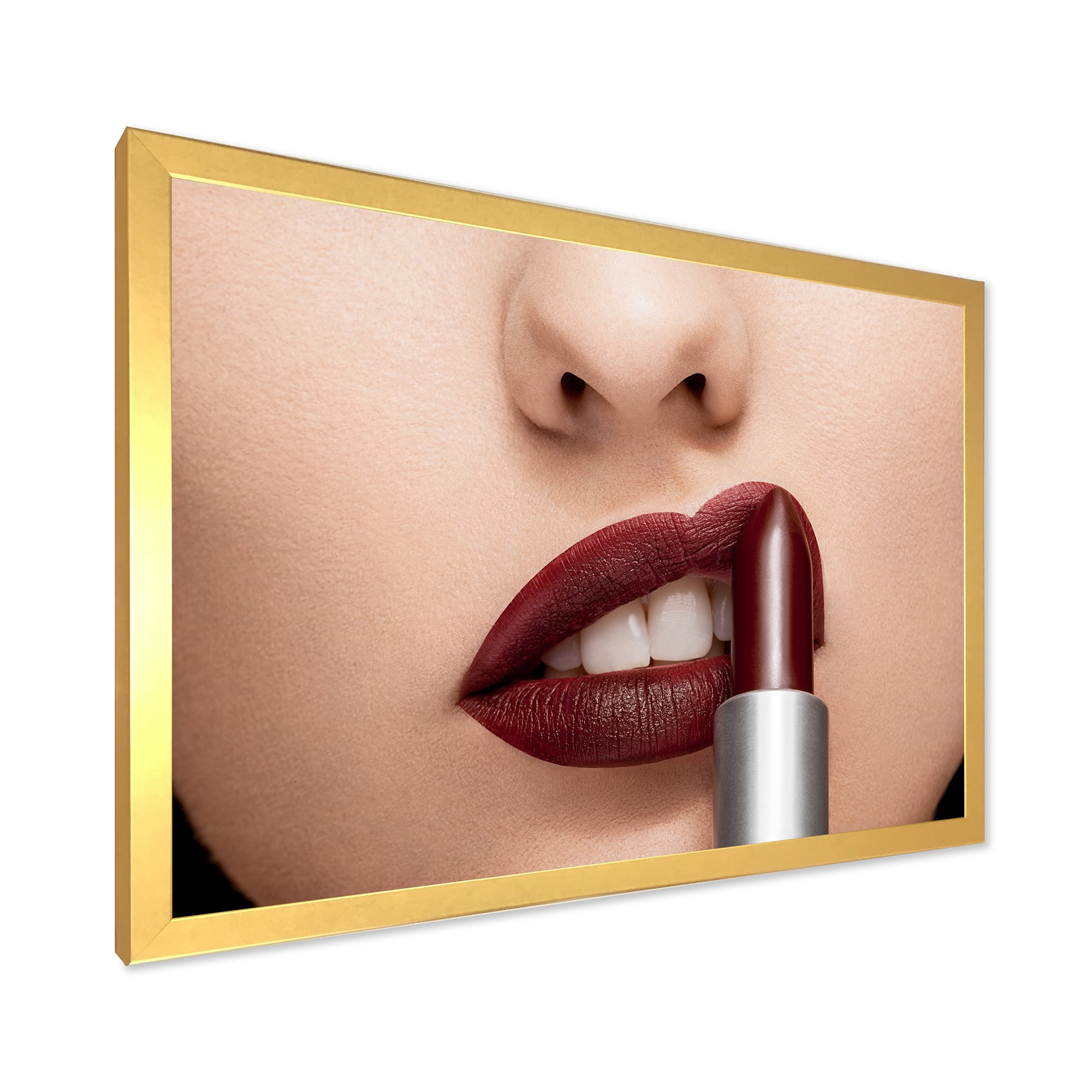 Designart 'Woman Applying Red Lipstick On Lips II' Modern Framed Art Print