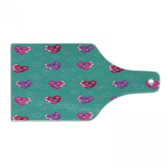 Teal Cutting Board, Crystal Hearts and Gemstone Valentine's Day Celebrating Romantic Print, Decorative Tempered Glass Cutting and Serving Board, Wine Bottle Shape, Red Fuchsia Teal, by Ambesonne
