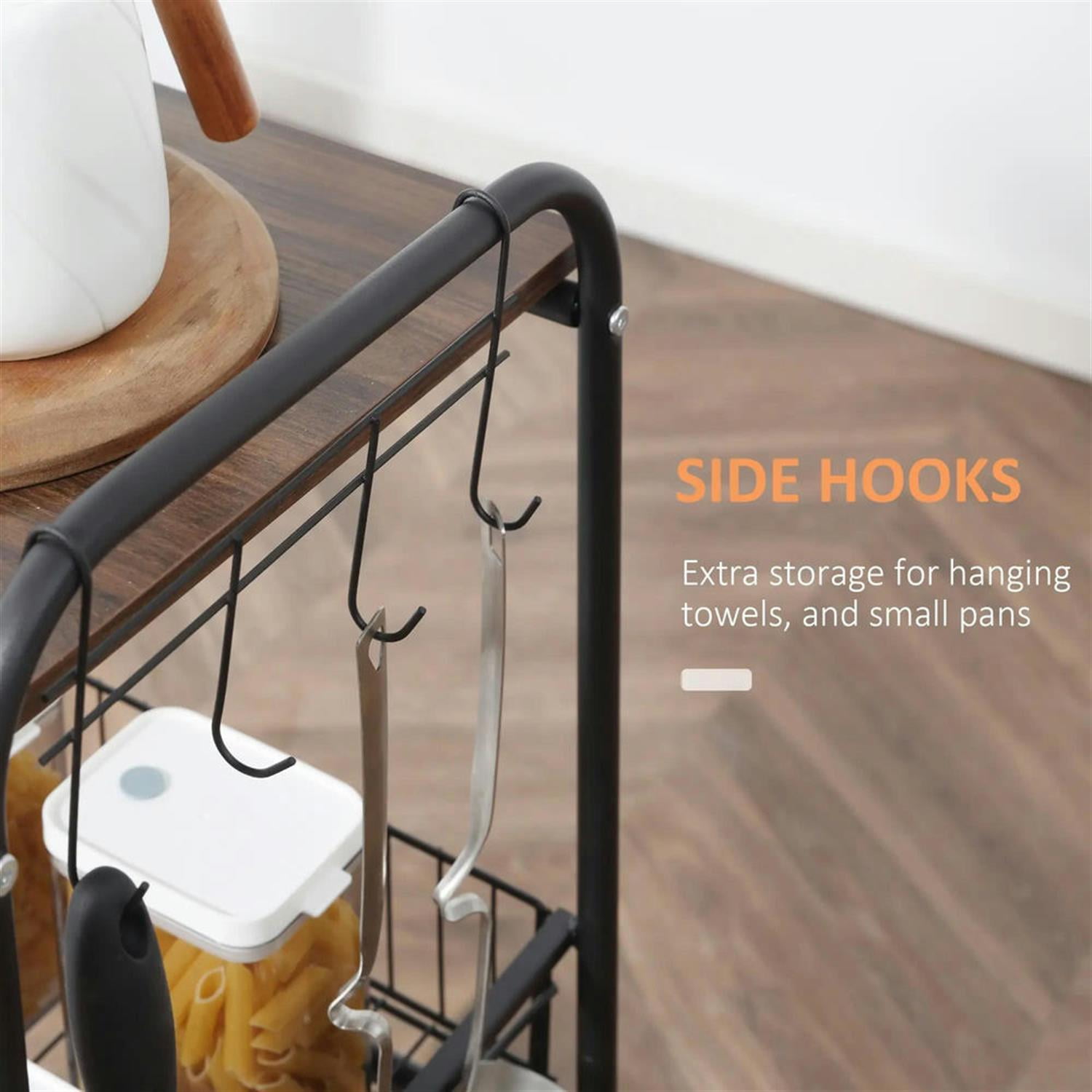 Demi Bonn 33" Kitchen Island Cart on Wheels with Storage, Rolling Dining Room Serving Utility Carts Mobile Movable with Fruit Basket and Side Hooks for Dining Room, Walnut