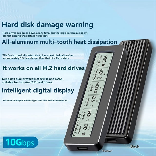 M2 SSD Case M.2 NVMe NGFF SSD Enclosure with Display Screen Intelligent Digital 10Gbps USB 3.2 Gen2 External Disk Box