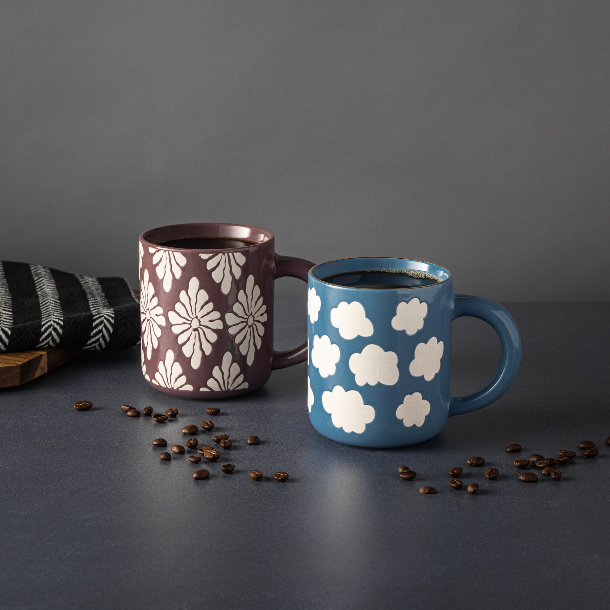 Thyme & Table 2 Pack Blue Skies with Clouds and Purple with White Flowers Mugs, with Gold Rims 19.6 fl oz, Stoneware