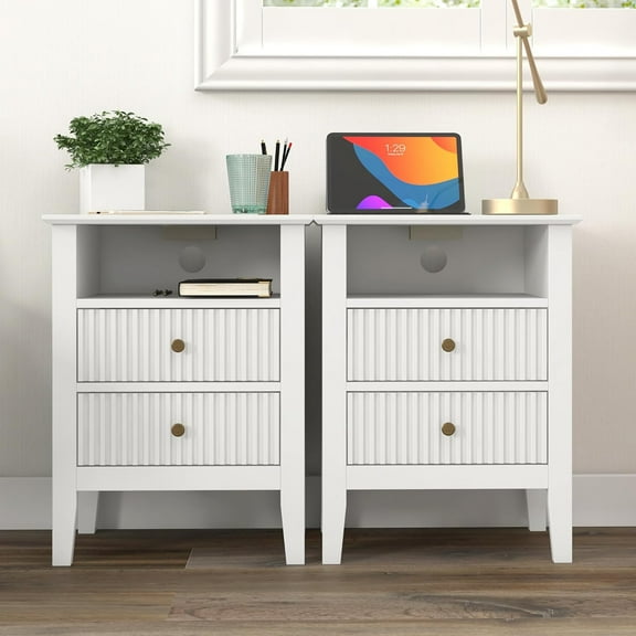 Open Box RoyalCraft Fluted 2 Drawer Bedroom Nightstand with Charging Station, Set of 2, White