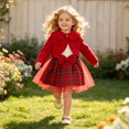 thumbnail image 2 of JIAYUE Toddler Girls 2-Piece Outfit Peter Pan Collar Long Sleeve Solid Color Coat And Straps Bow Plaid Dress For Casual Parties,18-24 Months, 2 of 6