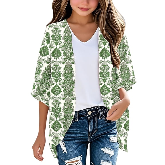 ZACPNCV Girls Lightweight Chiffon Cardigan Puff Sleeve Loose Beach Wear Cover Up Blouse Top Multicolor 3-4 Years