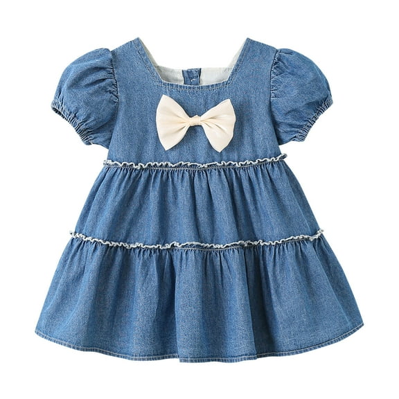 THDHVS Girls Denim Dress,Baby Dress,Teen Girls Summer Jean Dresses Smocked Short Sleeve Sundresses Blue 6-7 Years