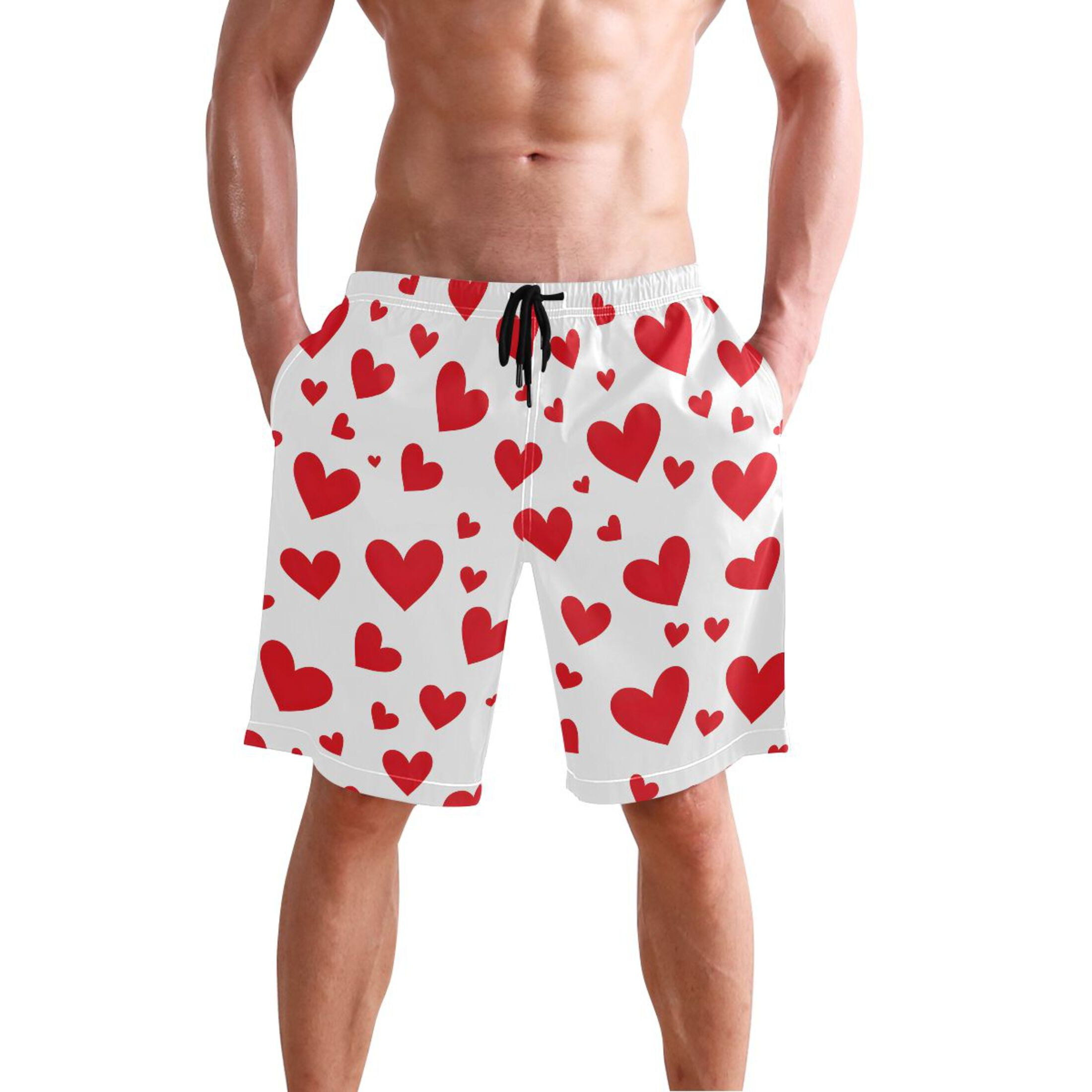 joogoo Men's Swim Trunks Red Hearts Beach Shorts with Pockets 2XL