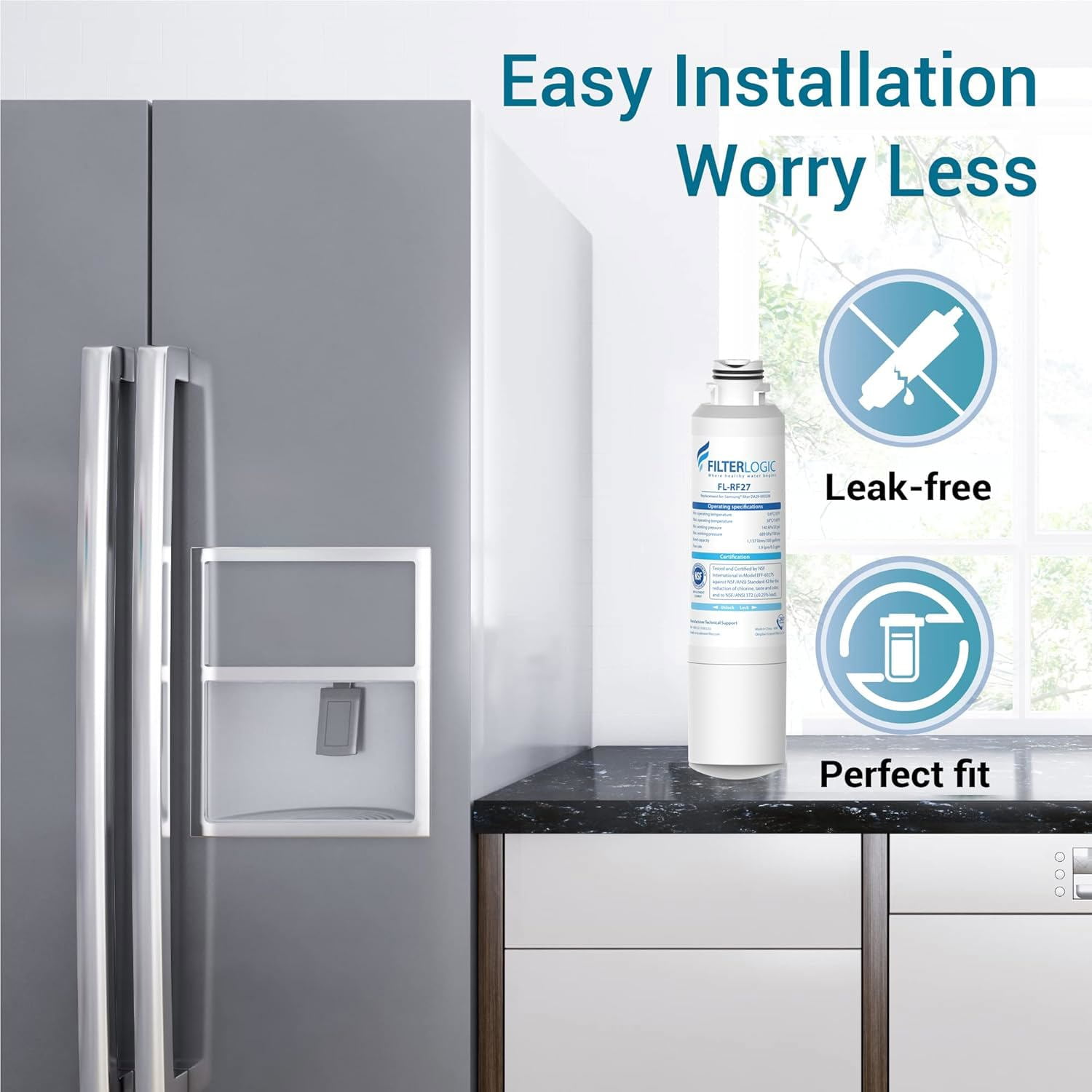 Filterlogic FL-RF27 Refrigerator Water Filter Replacement for Samsung®DA29-00020B,RF28HMEDBSR, RF263BEAESR, HDX FMS-2, HAF-CIN/EXP, DA97-08006A-1, DA29-00020B-1, RF4287HARS, RFG297HDRS, 4 PACK