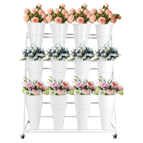 Moving Flower Display Stand, 3-Tier Metal Plant Stand with Buckets, Multi-Purpose Storage for Florist Shop, Home & Wedding