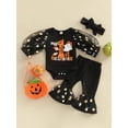 thumbnail image 2 of Bagilaanoe My 1st Halloween Outfits Newborn Baby Girl Long Sleeve Romper Tops Flared Trousers Headband 3M 6M 12M 18M Infant Patchwork Letter Ghost Print Holiday Clothing 3PCS, 2 of 9