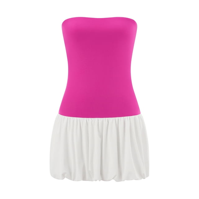 FOCUSNORM Robe Mini Sans Bretelles pour Femmes Été Couleur Unie Bouffante Robe de Soirée pour Cocktail Plage Mode Urbaine