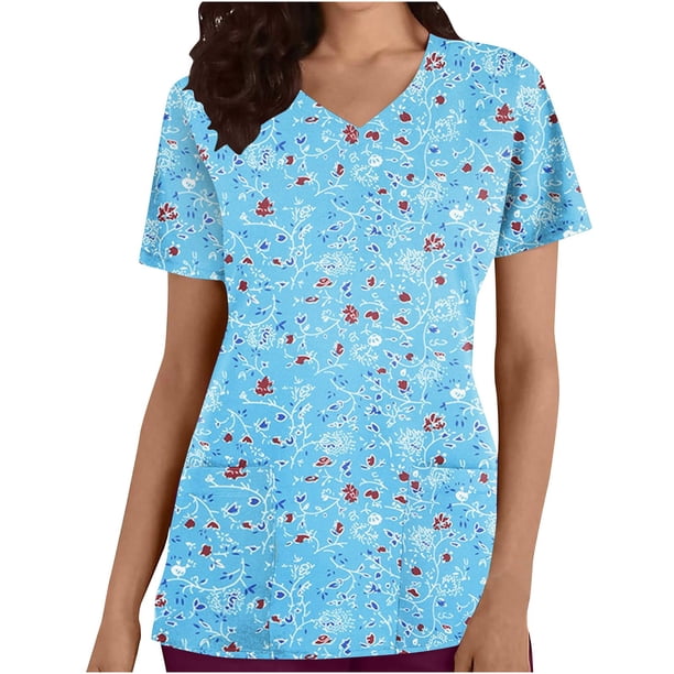 Tops Cortos para las Mujeres Impreso Bolsillo V-Cuello Enfermera Estilo Blusa, Casual Y Cómodo Manga Corta Superior