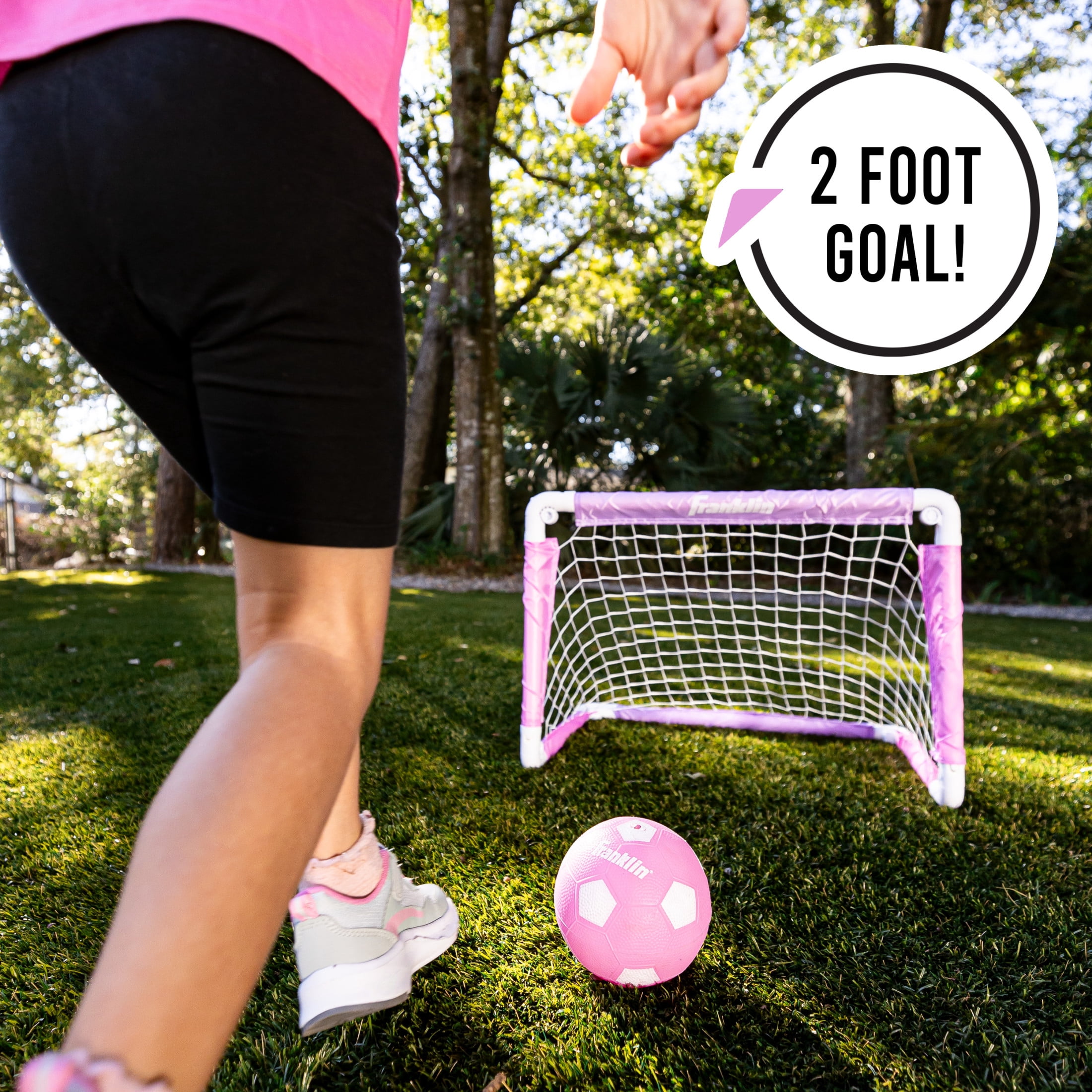 Franklin Sports Kids Mini Soccer Goal with Ball and Pump – 24inch x 16inch Folding Goal – Great For Backyard or Indoor Play – Pink/Purple