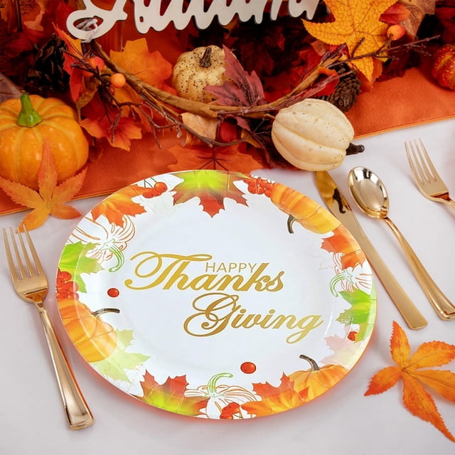LSLJS Thanksgiving Round Paper Plates Disposable Autumns Party Decorations Maple Leaf Pumpkin Print Tableware for Thanksgiving Holiday Decorations Thanksgiving Decorations