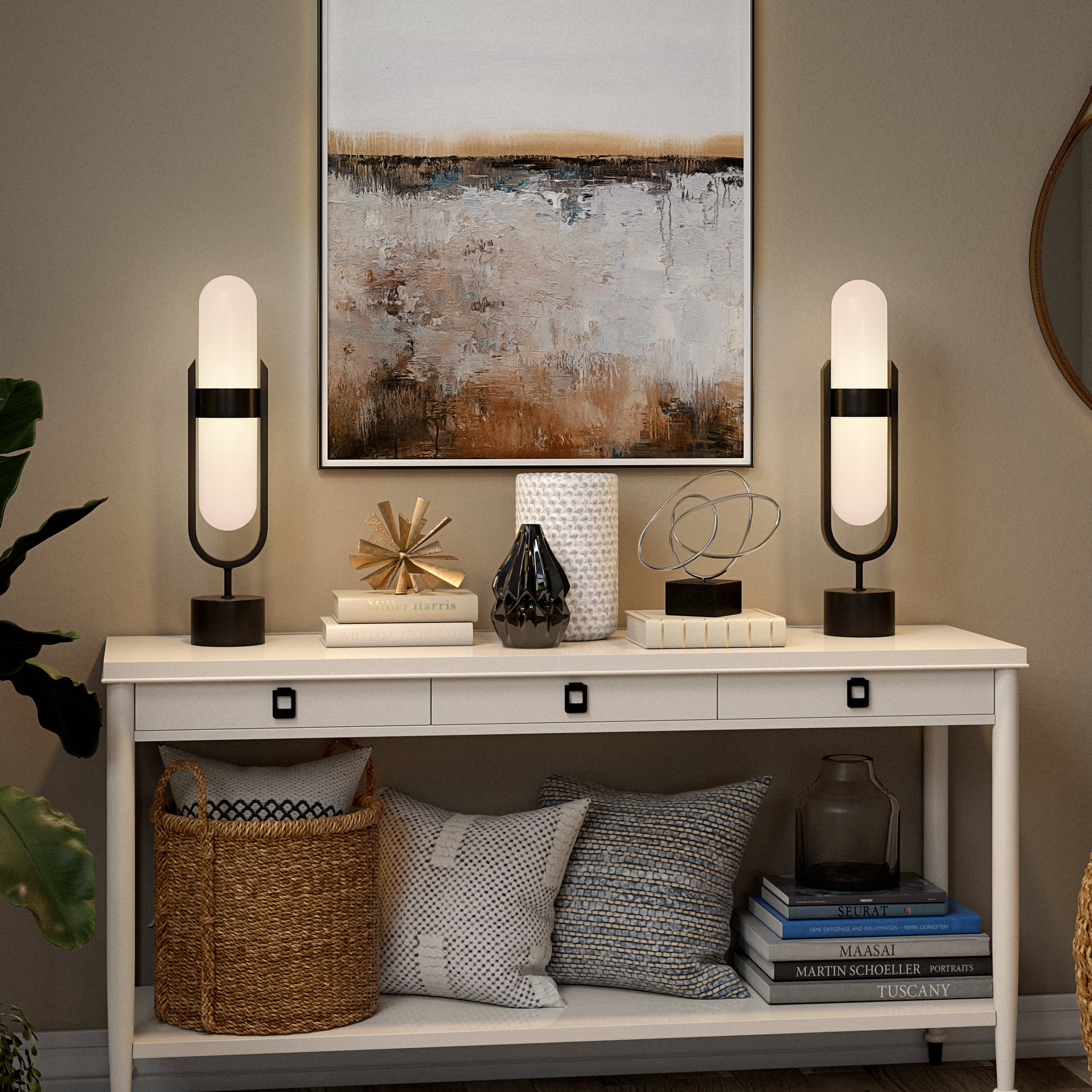 Blair Pill-Shaped Table Lamp with Milk Glass Shade in Blackened Bronze/White