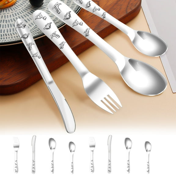 LINFANG 8Pcs Kids Stainless Steel Silverware Set Cartoon Dinosaur Toddler Utensils Set Mirror Polished Child Fork and Spoon Kit Dishwasher Safe for Kids Toddlers