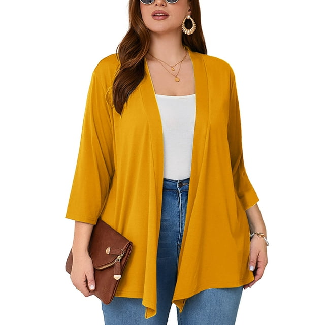 SHOWMALL Women's Plus Cardigans Lightweight Open Front Cardigans 3/4 Sleeve Ginger 1X Casual Soft Drape Fall Summer Cardigan