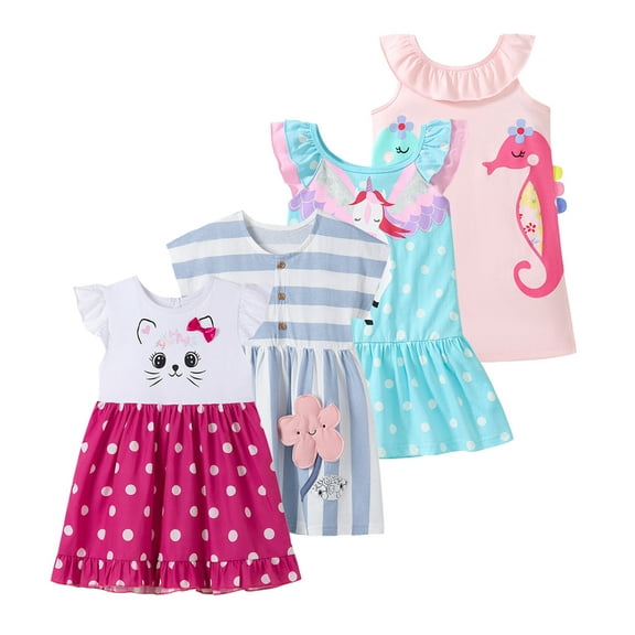 Emy Dola 2-7T Little Girls Flutter Sleeve Cotton Dress Cartoon Cat Tops Dot Print Ruffle Hems Skirt Summer Dress