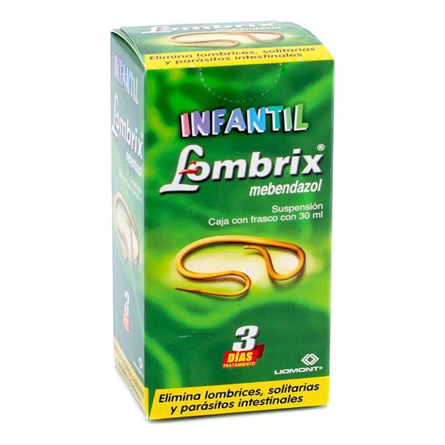 l-ombrix infantil suspensión caja con frasco con 30 ml, caja verde frontal con texto "INFANTIL Lombríx mebendazol", ilustración de una lombriz dorada, indicación de "3 días" de tratamiento y banda amarilla que indica elimina lombrices, solitarias y parásitos intestinales; en empaque se señala que no requiere receta.