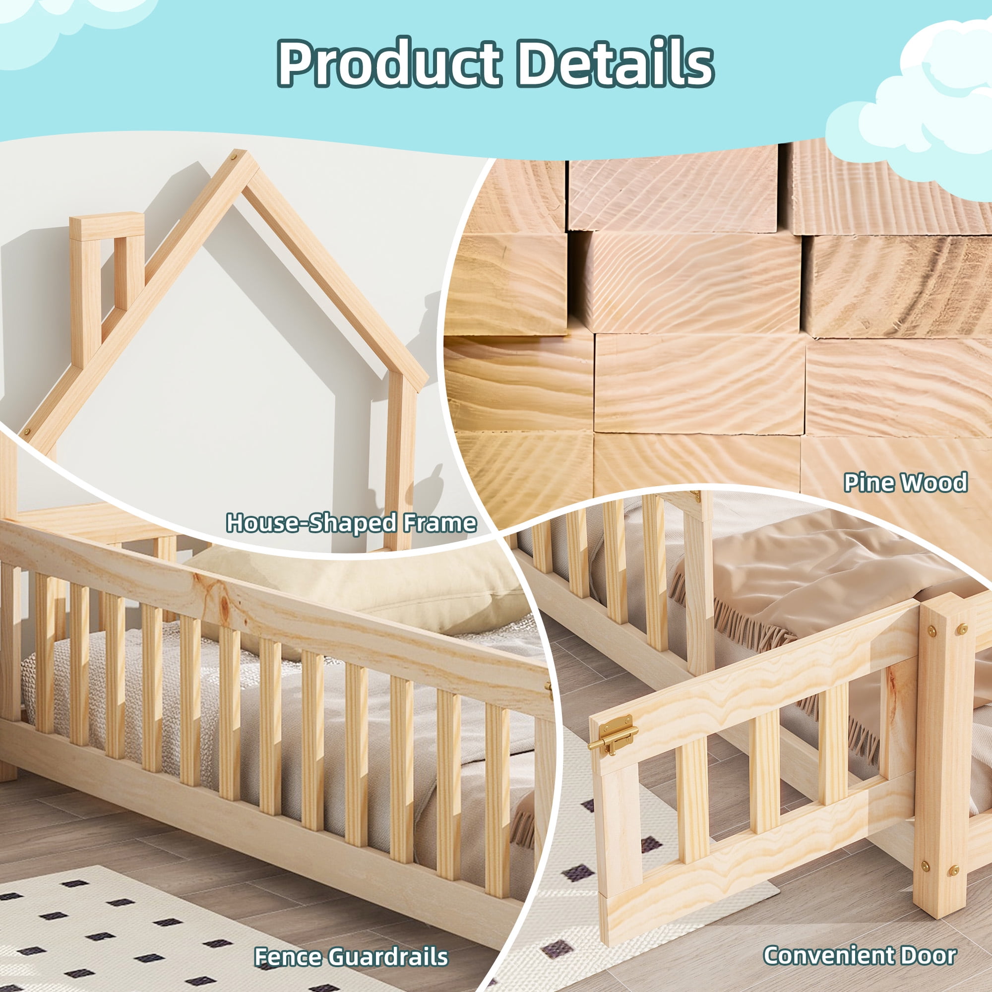 PORKISS Twin Size House Platform Bed for Kids with House-Shaped Headboard, Low Floor Bed with Guardrails Fence, Natural