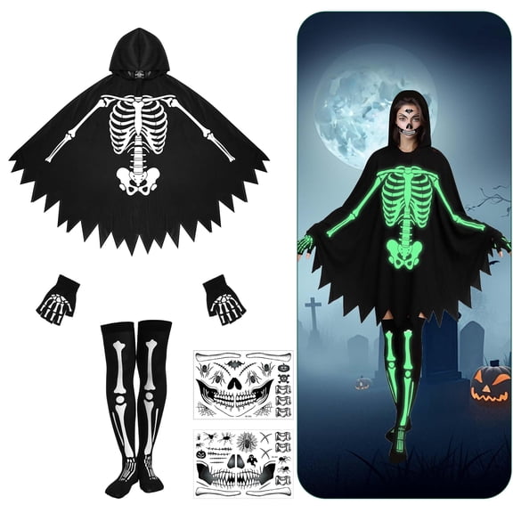 EBaokuup 5 Pcs Halloween Skeleton Poncho Costume, Hooded Cape Set for Adults