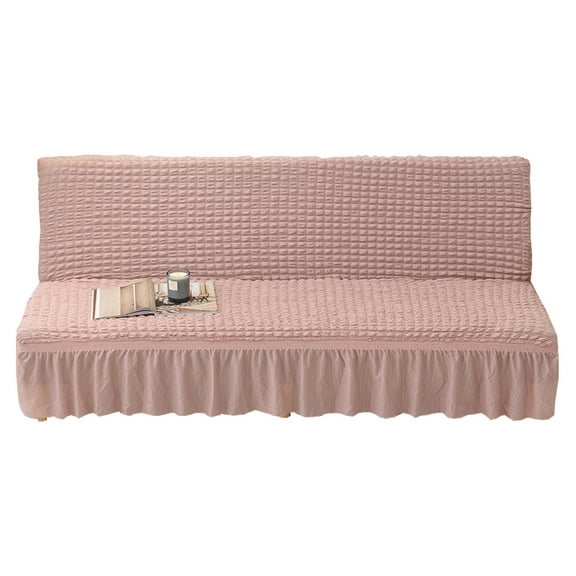Dowbom Armless Futon Cover with Skirt,Stretch Foldable Sofa Bed Slipcover Protector Removable Washable Anti-Dust Solid Color Without Armrests Futon Slipcover for Living Room-medium(160-190cm)-Pink