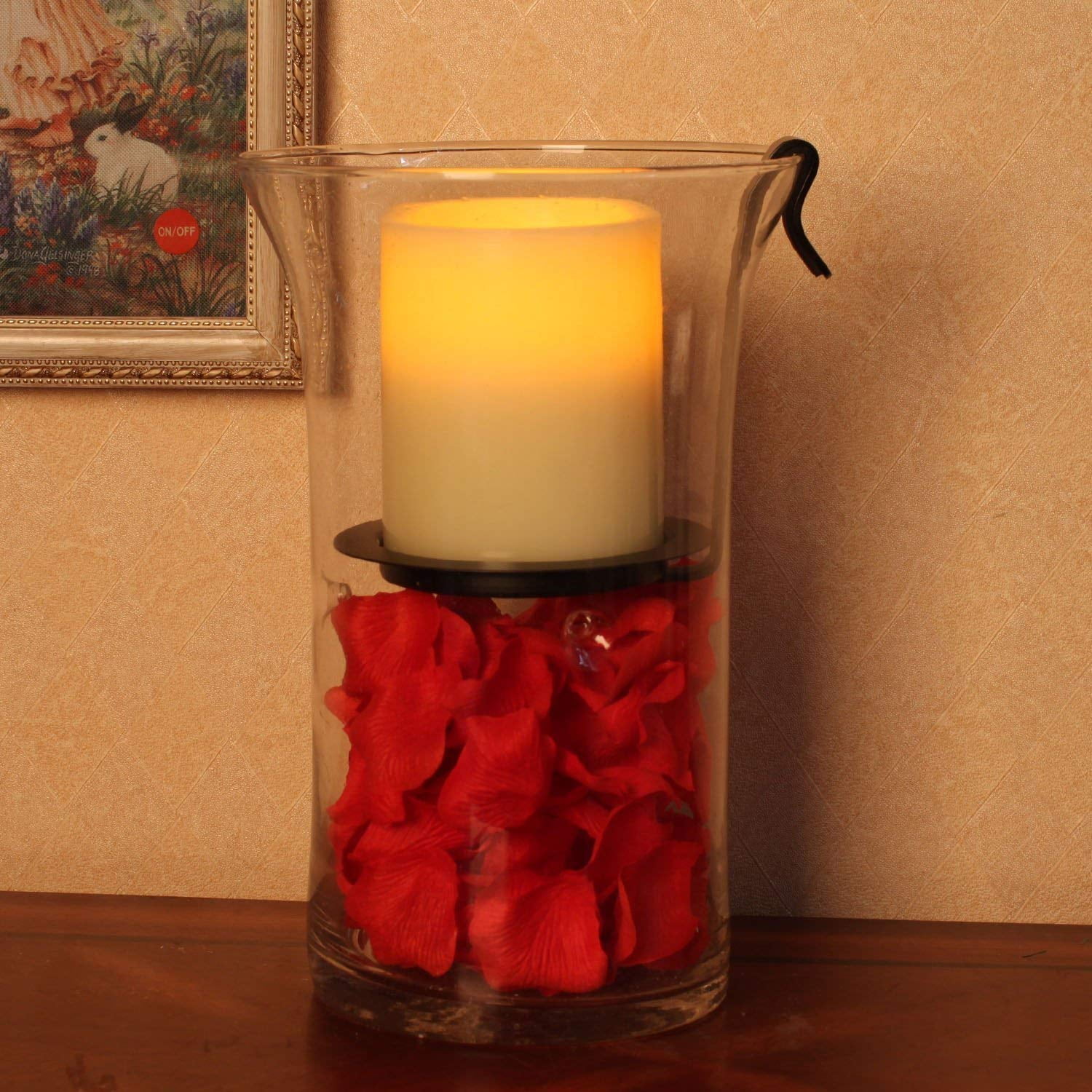 Hurricane Glass Candle Holder, 12x8x6, Lantern with Rustic Metal Plate