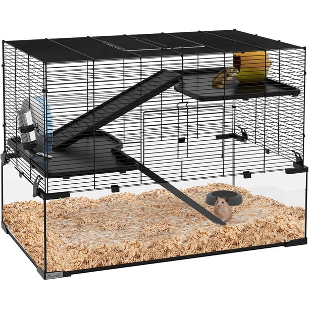 LLisha Large Hamster Cage with Deep Tempered Glass Bottom, 3 Tiers Hamster Tank with Running Wheel, Hut, Water Bottle, Dish, Rat Cage for Syrian, Dwarf, Gerbils, Mouse, 30" x 19" x 21.5", Black