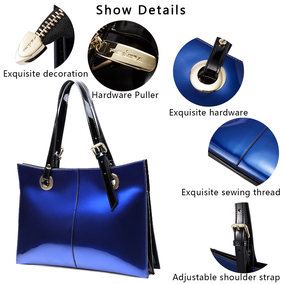 FEIMINA Patent Leather Shoulder Bag For Women, Luxury Designer Handbags Women,Genuine Shiny Large Leather Bag, Retro Dark Blue tote bag Purse