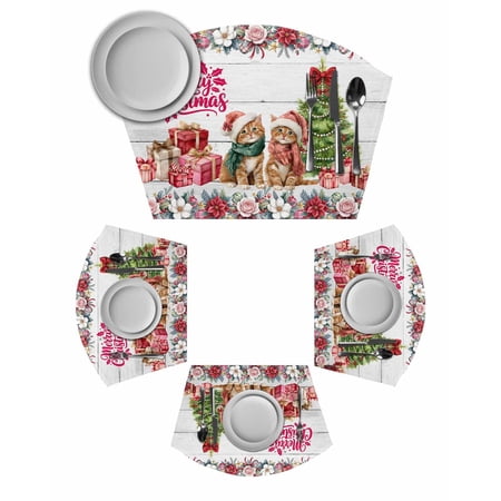 Christmas Cats Round Placemats Set of 6, XmasTree Winter Gifts Floral Grey Wooden Placemats for Round Dining Table Shape Wedge Placemats for Outdoor Indoor Wipeable Clean Table Place Mats