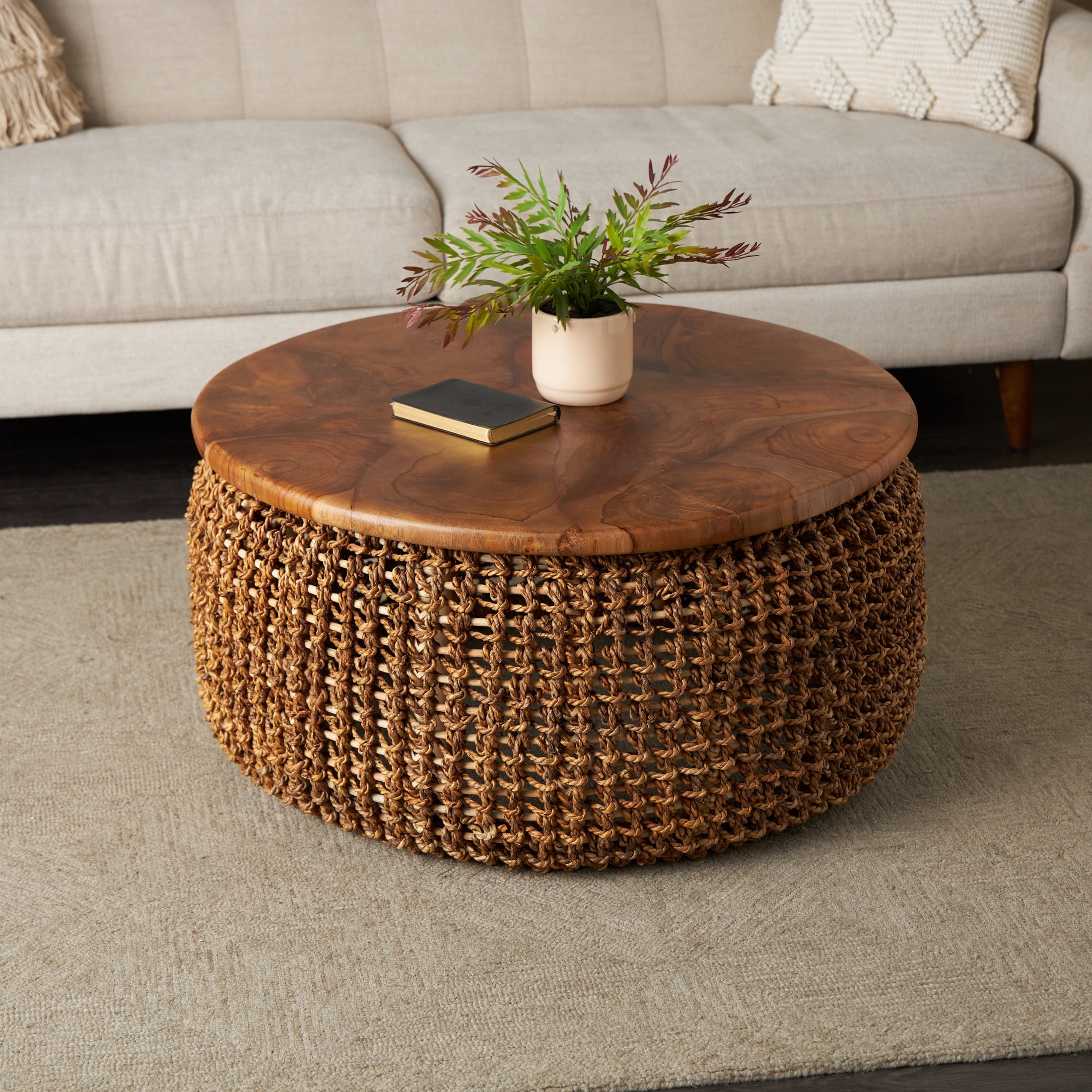DecMode 33" x 16" Brown Rattan Woven Coffee Table with Teak Tabletop, 1-Piece